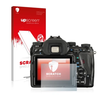 Parte frontale di una confezione del prodotto con il logo del marchio upscreen. Accanto è raffigurato il dispositivo Pentax K-