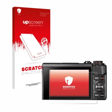 Parte frontale di una confezione del prodotto con il logo del marchio upscreen. Accanto è raffigurato il dispositivo Canon Pow