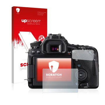 Parte frontale di una confezione del prodotto con il logo del marchio upscreen. Accanto è raffigurato il dispositivo Canon EOS