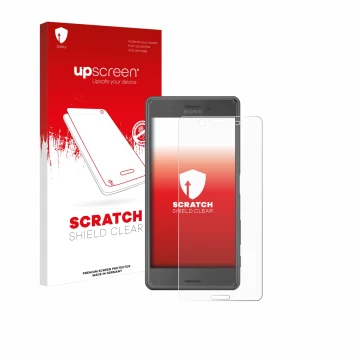 Parte frontale di una confezione del prodotto con il logo del marchio upscreen. Accanto è raffigurato il dispositivo Sony Xper