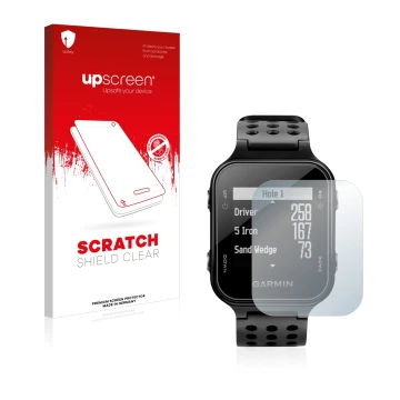 Parte frontale di una confezione del prodotto con il logo del marchio upscreen. Accanto è raffigurato il dispositivo Garmin Ap
