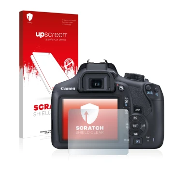Parte frontale di una confezione del prodotto con il logo del marchio upscreen. Accanto è raffigurato il dispositivo Canon EOS
