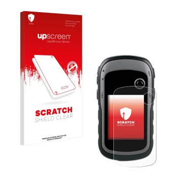 Parte frontale di una confezione del prodotto con il logo del marchio upscreen. Accanto è raffigurato il dispositivo Garmin eT