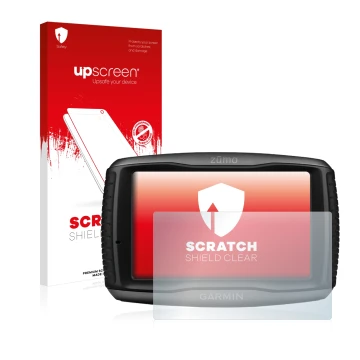 Parte frontale di una confezione del prodotto con il logo del marchio upscreen. Accanto è raffigurato il dispositivo Garmin zu