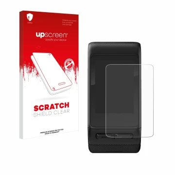 Parte frontale di una confezione del prodotto con il logo del marchio upscreen. Accanto è raffigurato il dispositivo Garmin vi