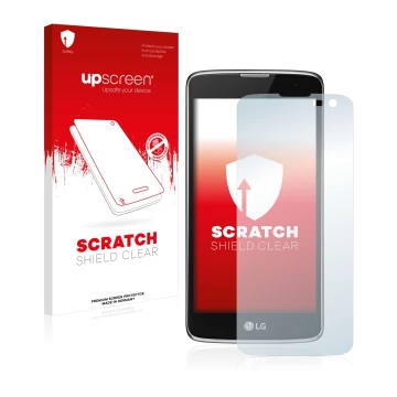 Parte frontale di una confezione del prodotto con il logo del marchio upscreen. Accanto è raffigurato il dispositivo LG K7 (so