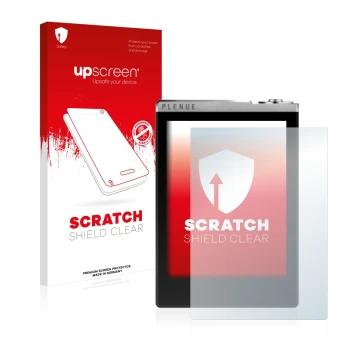 Parte frontale di una confezione del prodotto con il logo del marchio upscreen. Accanto è raffigurato il dispositivo Cowon Ple