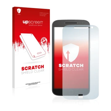 Parte frontale di una confezione del prodotto con il logo del marchio upscreen. Accanto è raffigurato il dispositivo Motorola 