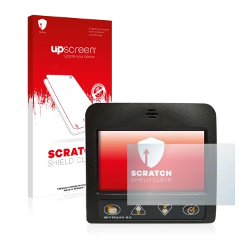 Parte frontale di una confezione del prodotto con il logo del marchio upscreen. Accanto è raffigurato il dispositivo Skytraxx 