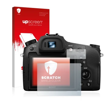 Parte frontale di una confezione del prodotto con il logo del marchio upscreen. Accanto è raffigurato il dispositivo Sony Cybe