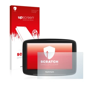 Parte frontale di una confezione del prodotto con il logo del marchio upscreen. Accanto è raffigurato il dispositivo TomTom St