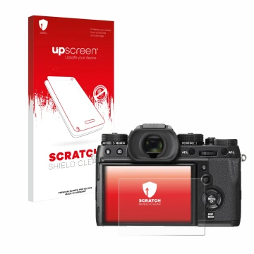 Parte frontale di una confezione del prodotto con il logo del marchio upscreen. Accanto è raffigurato il dispositivo Fujifilm 