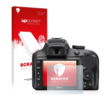 Parte frontale di una confezione del prodotto con il logo del marchio upscreen. Accanto è raffigurato il dispositivo Nikon D34