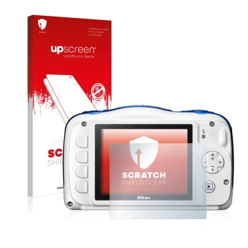 Parte frontale di una confezione del prodotto con il logo del marchio upscreen. Accanto è raffigurato il dispositivo Nikon Coo