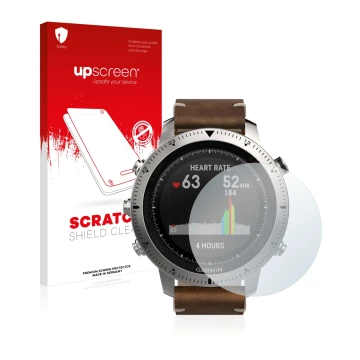 Parte frontale di una confezione del prodotto con il logo del marchio upscreen. Accanto è raffigurato il dispositivo Garmin Fe