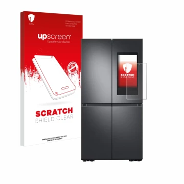 Parte frontale di una confezione del prodotto con il logo del marchio upscreen. Accanto è raffigurato il dispositivo Samsung F