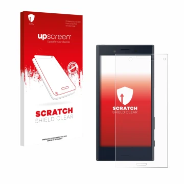 Parte frontale di una confezione del prodotto con il logo del marchio upscreen. Accanto è raffigurato il dispositivo Sony Xper