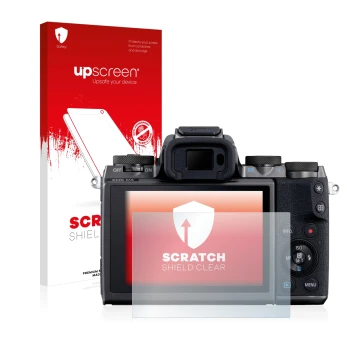 Parte frontale di una confezione del prodotto con il logo del marchio upscreen. Accanto è raffigurato il dispositivo Canon EOS
