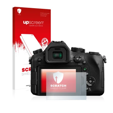 Parte frontale di una confezione del prodotto con il logo del marchio upscreen. Accanto è raffigurato il dispositivo Panasonic