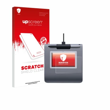 Parte frontale di una confezione del prodotto con il logo del marchio upscreen. Accanto è raffigurato il dispositivo Wacom STU