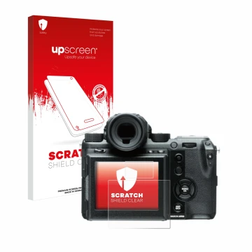 Parte frontale di una confezione del prodotto con il logo del marchio upscreen. Accanto è raffigurato il dispositivo Fujifilm 