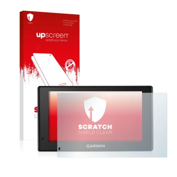 Parte frontale di una confezione del prodotto con il logo del marchio upscreen. Accanto è raffigurato il dispositivo Garmin Dr