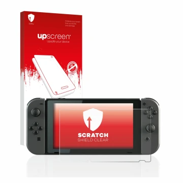 Parte frontale di una confezione del prodotto con il logo del marchio upscreen. Accanto è raffigurato il dispositivo Nintendo 