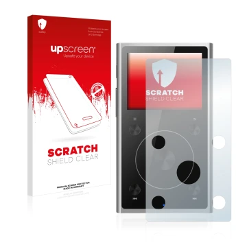 Parte frontale di una confezione del prodotto con il logo del marchio upscreen. Accanto è raffigurato il dispositivo FiiO X1 I
