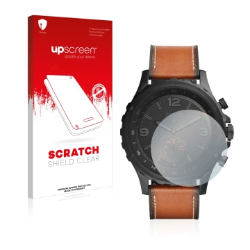 Parte frontale di una confezione del prodotto con il logo del marchio upscreen. Accanto è raffigurato il dispositivo Fossil Q 