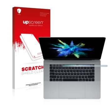 Parte frontale di una confezione del prodotto con il logo del marchio upscreen. Accanto è raffigurato il dispositivo Apple Mac