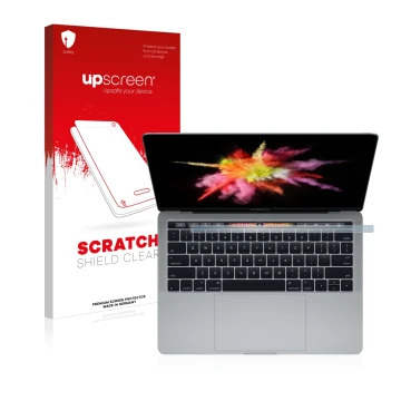 Parte frontale di una confezione del prodotto con il logo del marchio upscreen. Accanto è raffigurato il dispositivo Apple Mac