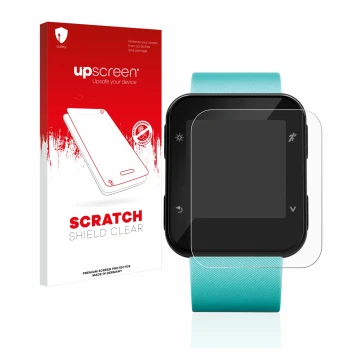 Parte frontale di una confezione del prodotto con il logo del marchio upscreen. Accanto è raffigurato il dispositivo Garmin Fo