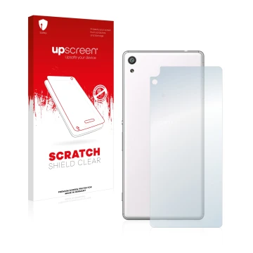 Parte frontale di una confezione del prodotto con il logo del marchio upscreen. Accanto è raffigurato il dispositivo Sony Xper