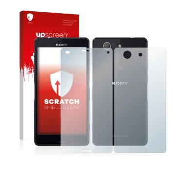 Parte frontale di una confezione del prodotto con il logo del marchio upscreen. Accanto è raffigurato il dispositivo Sony Xper