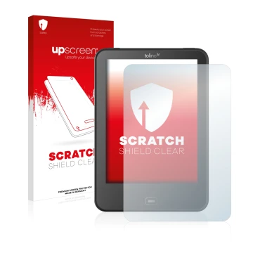 Parte frontale di una confezione del prodotto con il logo del marchio upscreen. Accanto è raffigurato il dispositivo Tolino Vi