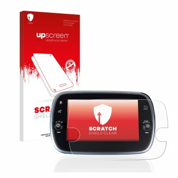 Parte frontale di una confezione del prodotto con il logo del marchio upscreen. Accanto è raffigurato il dispositivo Fiat 500 