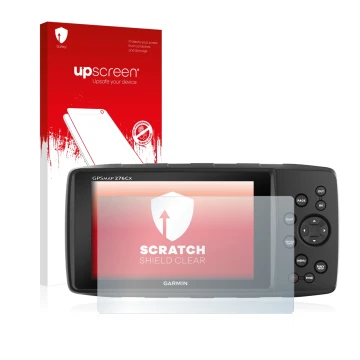 Parte frontale di una confezione del prodotto con il logo del marchio upscreen. Accanto è raffigurato il dispositivo Garmin 27