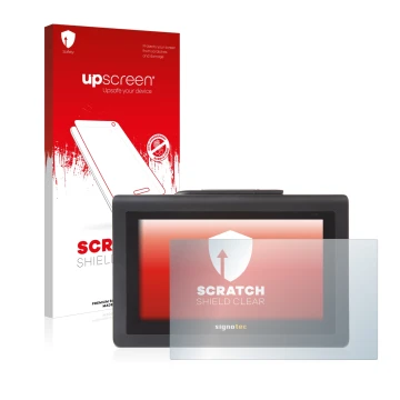 Parte frontale di una confezione del prodotto con il logo del marchio upscreen. Accanto è raffigurato il dispositivo Signotec 