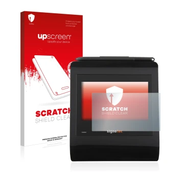 Parte frontale di una confezione del prodotto con il logo del marchio upscreen. Accanto è raffigurato il dispositivo Signotec 