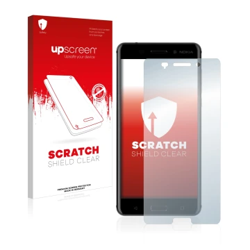 Parte frontale di una confezione del prodotto con il logo del marchio upscreen. Accanto è raffigurato il dispositivo Nokia 6 2