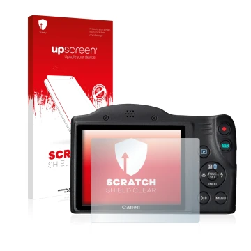 Parte frontale di una confezione del prodotto con il logo del marchio upscreen. Accanto è raffigurato il dispositivo Canon Pow
