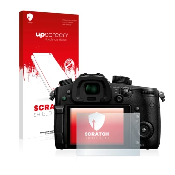 Parte frontale di una confezione del prodotto con il logo del marchio upscreen. Accanto è raffigurato il dispositivo Panasonic