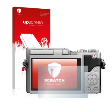 Parte frontale di una confezione del prodotto con il logo del marchio upscreen. Accanto è raffigurato il dispositivo Panasonic