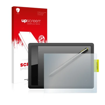 Parte frontale di una confezione del prodotto con il logo del marchio upscreen. Accanto è raffigurato il dispositivo Wacom One