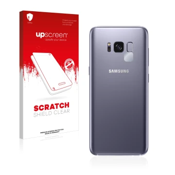 Parte frontale di una confezione del prodotto con il logo del marchio upscreen. Accanto è raffigurato il dispositivo Samsung G