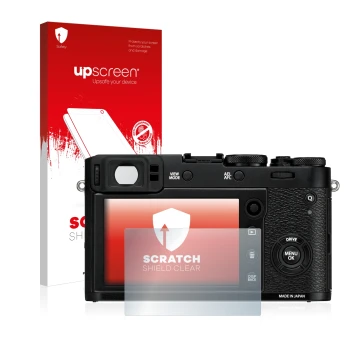 Parte frontale di una confezione del prodotto con il logo del marchio upscreen. Accanto è raffigurato il dispositivo Fujifilm 