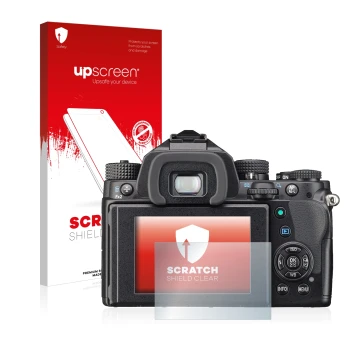 Parte frontale di una confezione del prodotto con il logo del marchio upscreen. Accanto è raffigurato il dispositivo Pentax KP