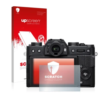Parte frontale di una confezione del prodotto con il logo del marchio upscreen. Accanto è raffigurato il dispositivo Fujifilm 