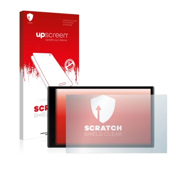 Parte frontale di una confezione del prodotto con il logo del marchio upscreen. Accanto è raffigurato il dispositivo Garmin Dr