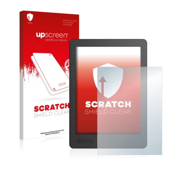 Parte frontale di una confezione del prodotto con il logo del marchio upscreen. Accanto è raffigurato il dispositivo Kobo Aura